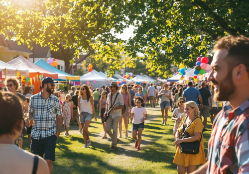 Crowded outdoor fair with people walking, colorful tents, and balloons.
