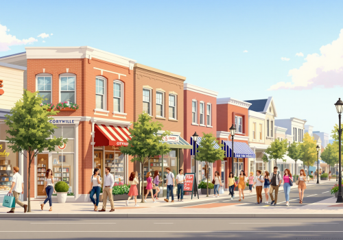 Busy street with shops and people under a clear sky.