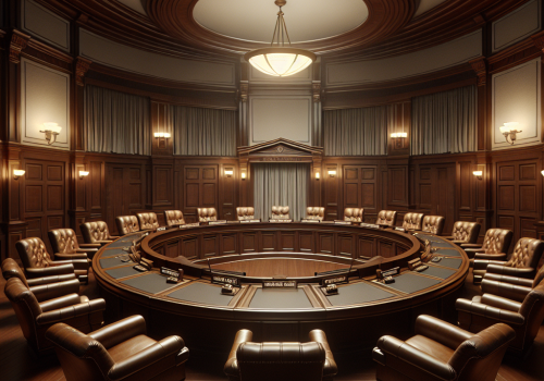 create an image of the council chambers of a city where meetings are held.  there should be 8 chairs for council members - this is a small chamber