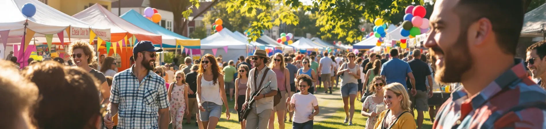 Crowded outdoor fair with people walking, colorful tents, and balloons.