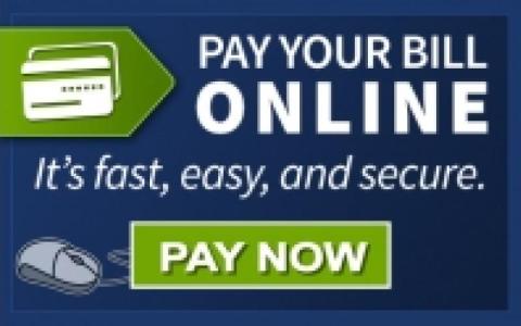 Online bill payment graphic with card and mouse icons.