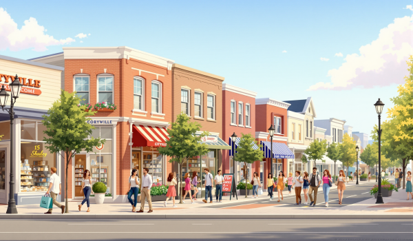 Busy street with shops and people under a clear sky.